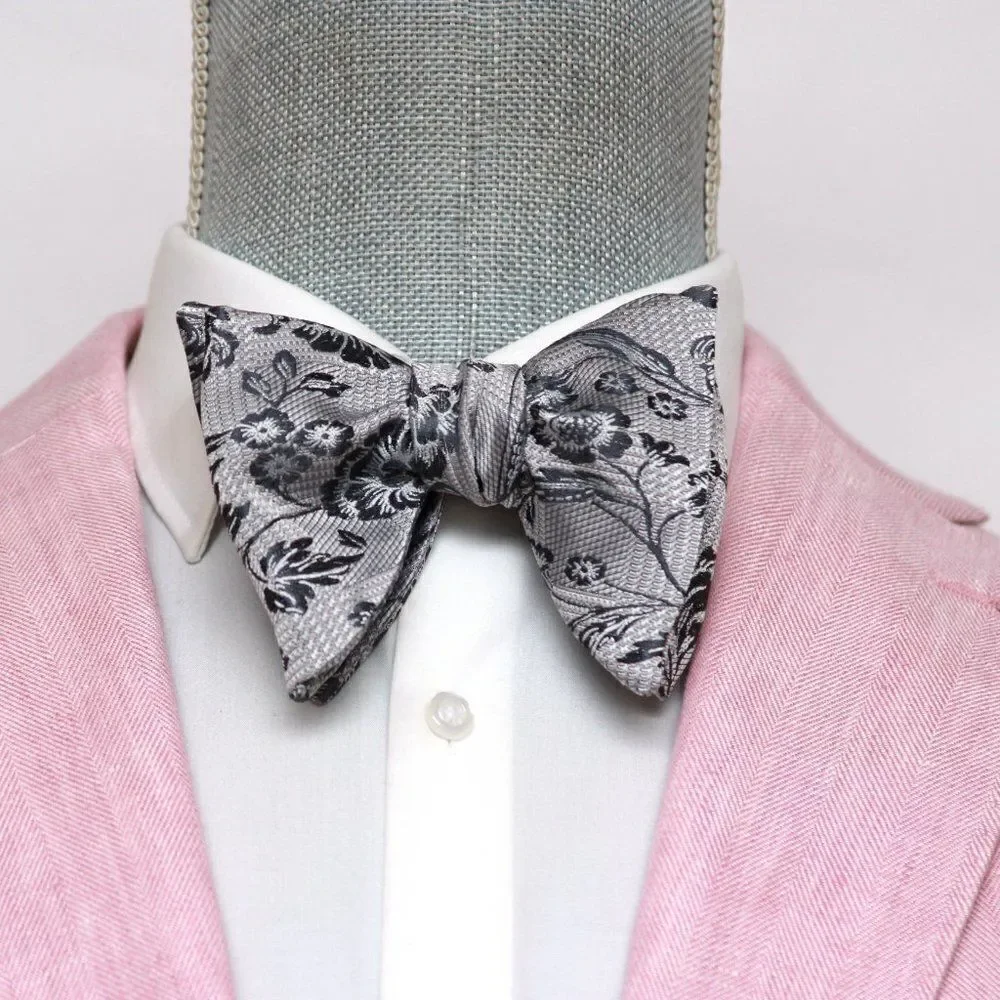 Men's‎ Self-tied Bow Tie 100%Silk Big Butterfly Floral grey S693